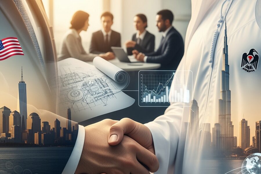 A double exposure: a handshake in the foreground over the New York skyline and a United States flag on the left, the Dubai skyline on the right, with a blurred business meeting behind.