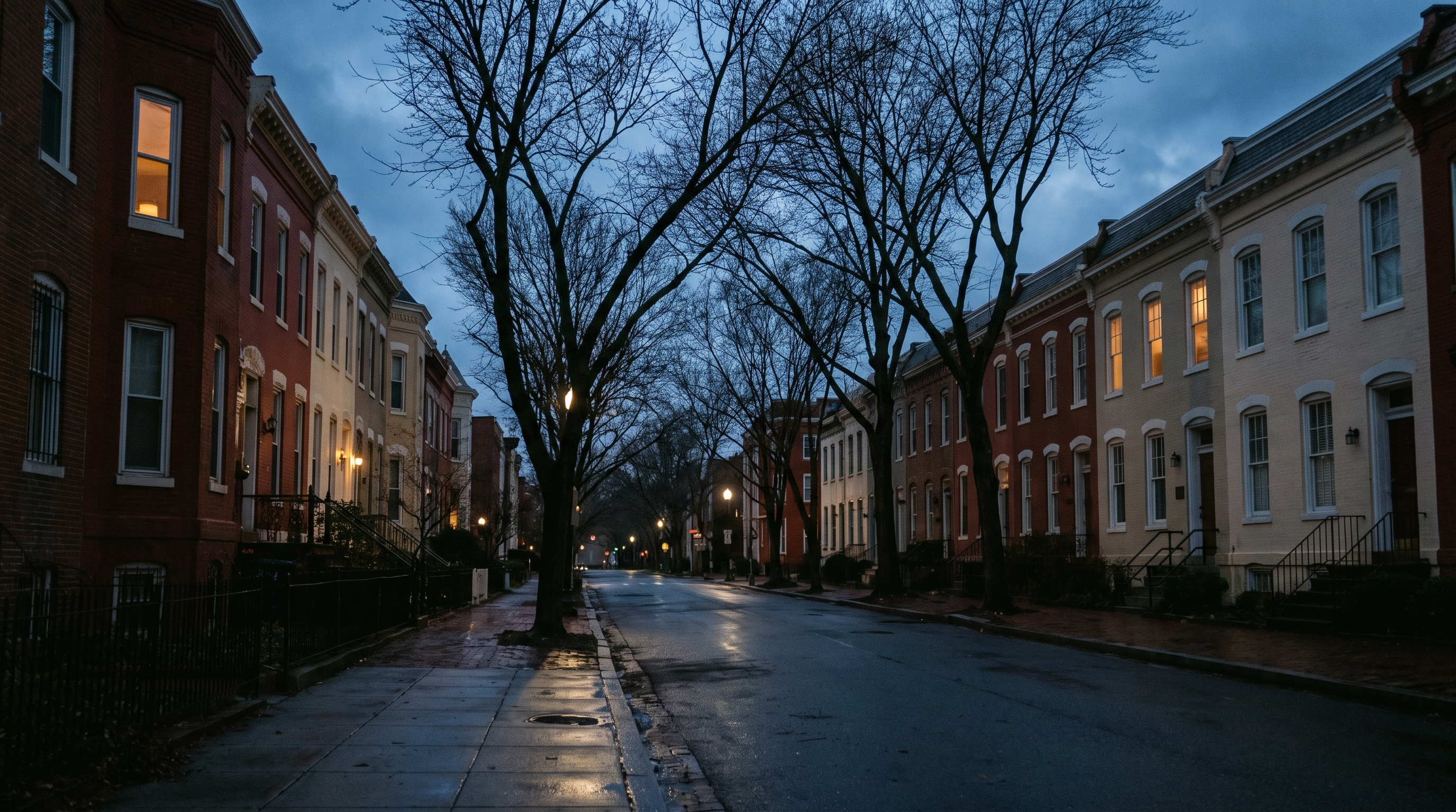 A quiet Washington, D.C. residential street of brick row houses at dusk.