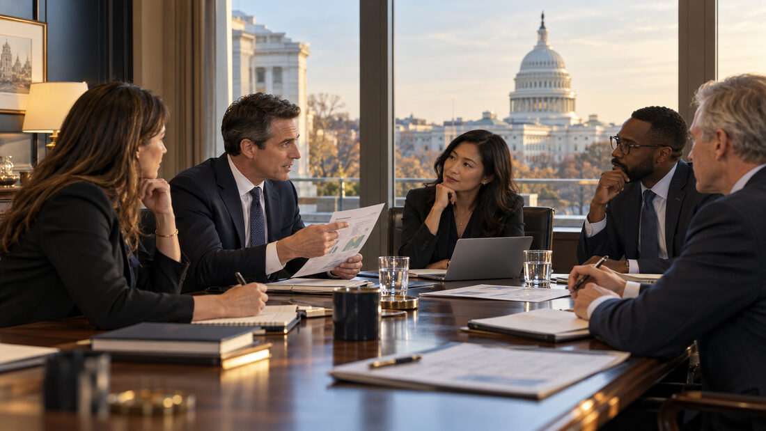 Five colleagues in discussion around a boardroom table, with the United States Capitol visible through the window behind them.