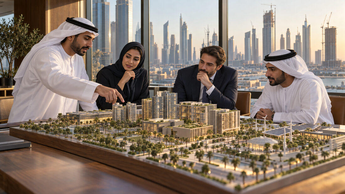 A Gulf investment team reviewing an architectural model of a city, with the Dubai skyline behind them.